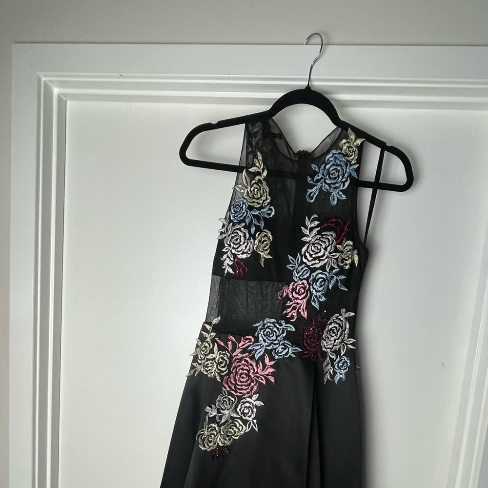 Betsy&Adam gown, size 2, floor length, black w/multi-colored embroidered flowers - Picture 2 of 3